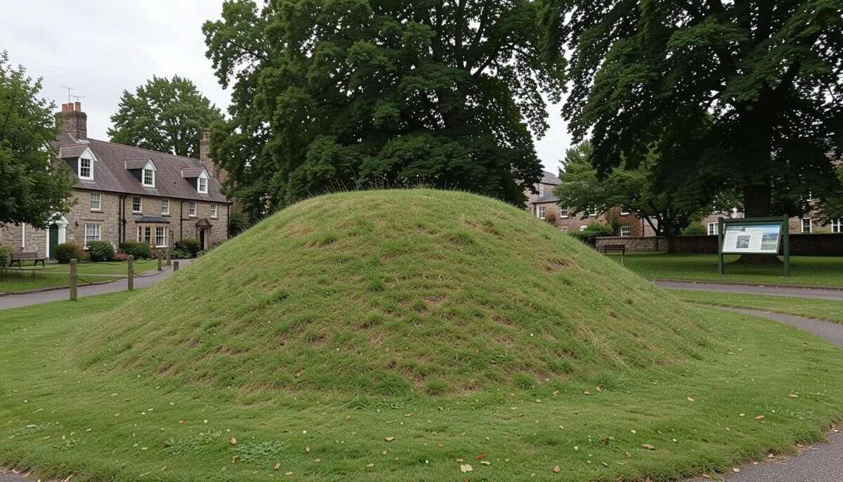 Grassy earthwork mound in a small town park, information board, overcast light