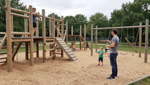 Adventure playground timber structures and bark surfacing, children playing