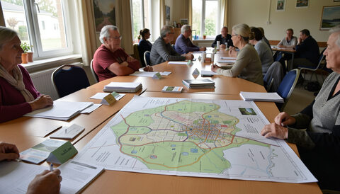 Community hall consultation table with leaflets, comment cards and a map