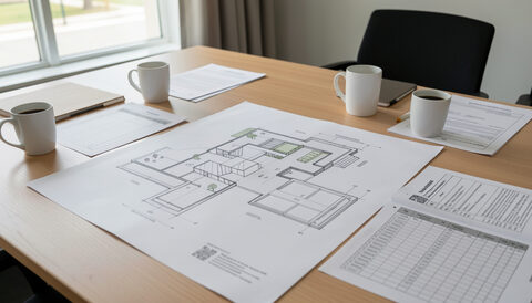 Draft leisure centre layout and cost spreadsheets on a workshop table