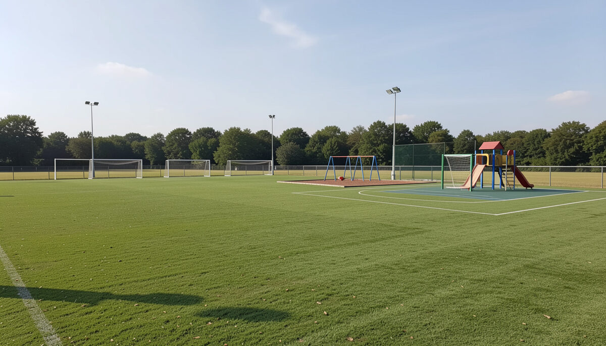 Green recreation field with goals, equipped play area and multi-use court