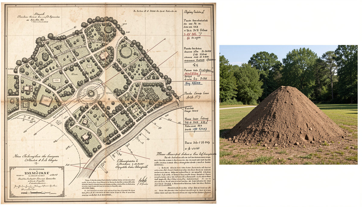 Old printed map of a historic park beside a photo of an earthwork mound