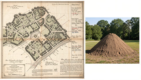 Old printed map of a historic park beside a photo of an earthwork mound