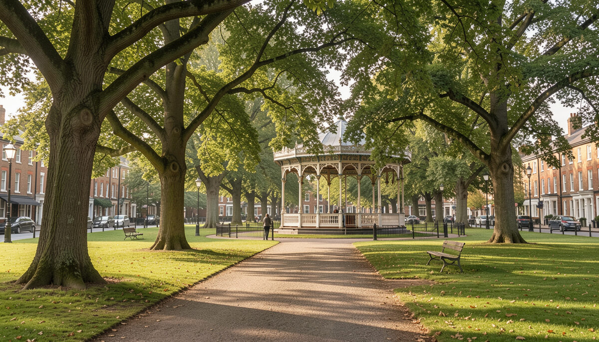 English town park in soft light: paths, mature trees and a bandstand