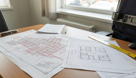 Red-lined site plan, application drawings and a scale rule on a desk