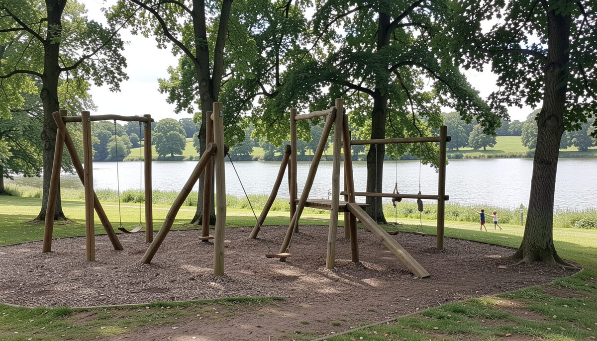 Timber play trail equipment among trees beside a lake in a country park