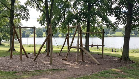 Timber play trail equipment among trees beside a lake in a country park