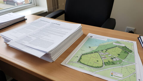 Printed planning policy documents beside a green space site plan on a desk