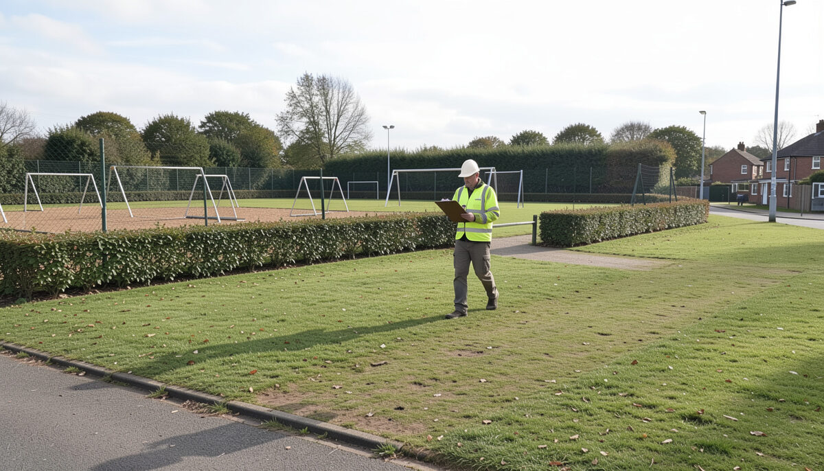 Surveyor with clipboard walking a recreation ground, noting pitches and play area