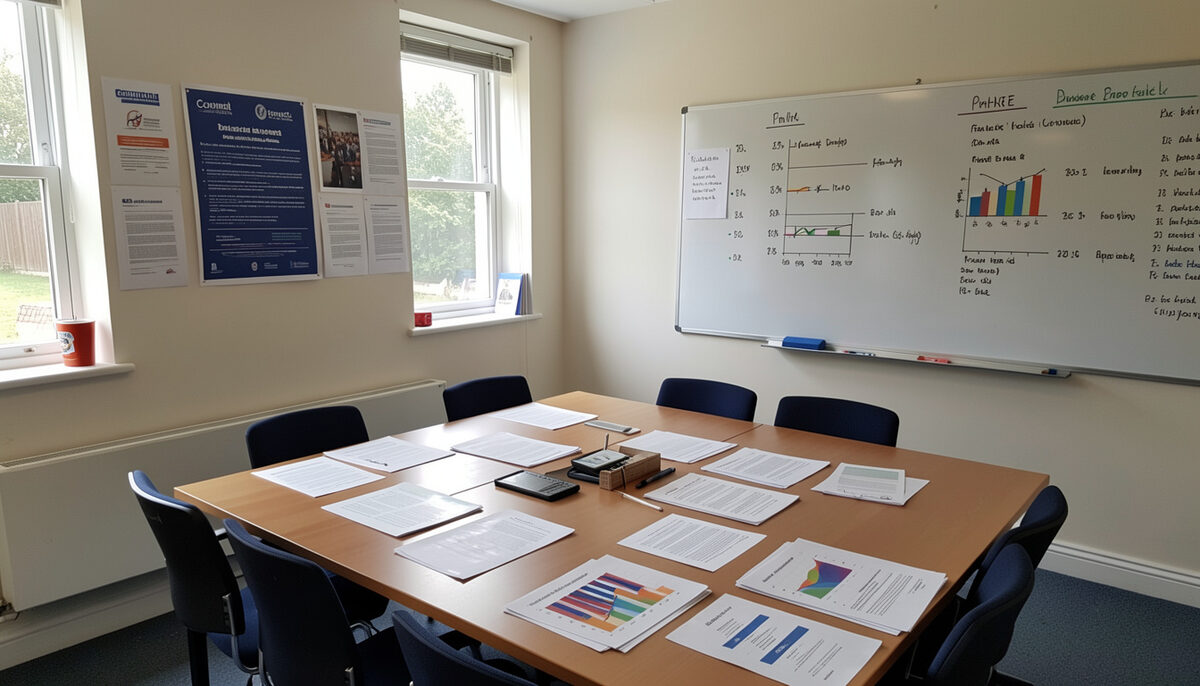 Council leisure meeting room with printed performance reports and charts