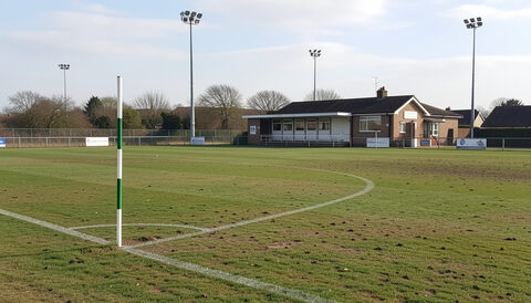 Sunday league football pitch, pavilion and floodlights of a council ground